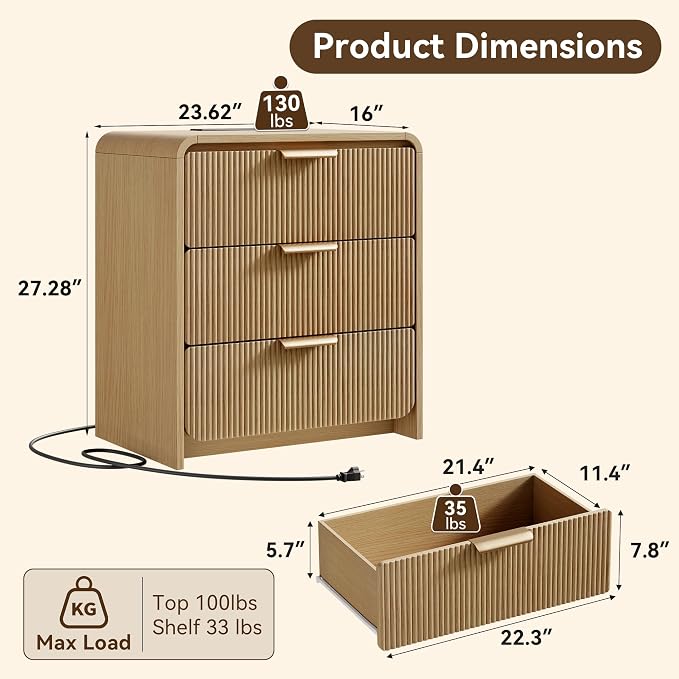 24" 3 Drawers Fluted Nightstand Set of 2, Natural Oak | 3 Drawers Bedside Table, Metal Handles & Charging Station, Curved Profile End Table for Bedroom