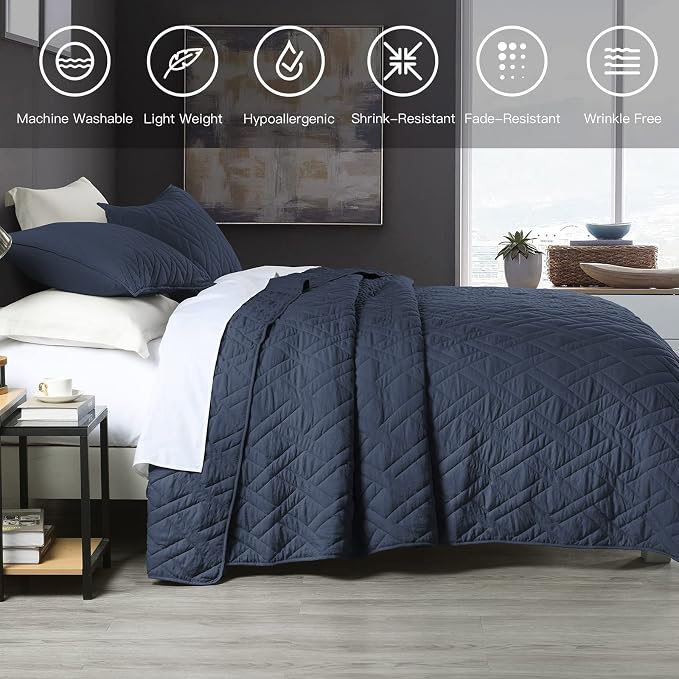 HORIMOTE HOME Quilt Set Queen Size Navy Blue, Classic Geometric Diamond Stitched Pattern, Ultra Soft Microfiber Lightweight Bedding Bedspread Coverlet for All Season with 1 Quilt 2 Pillow Shams