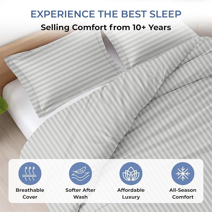 3 Pc King Size Duvet Cover Set- 100% Egyptian Cotton 600 Thread Count Ultra Soft Premium Durable Comforter Cover Zipper Closure & Corner Ties (Striped Silver, King 104"x94")