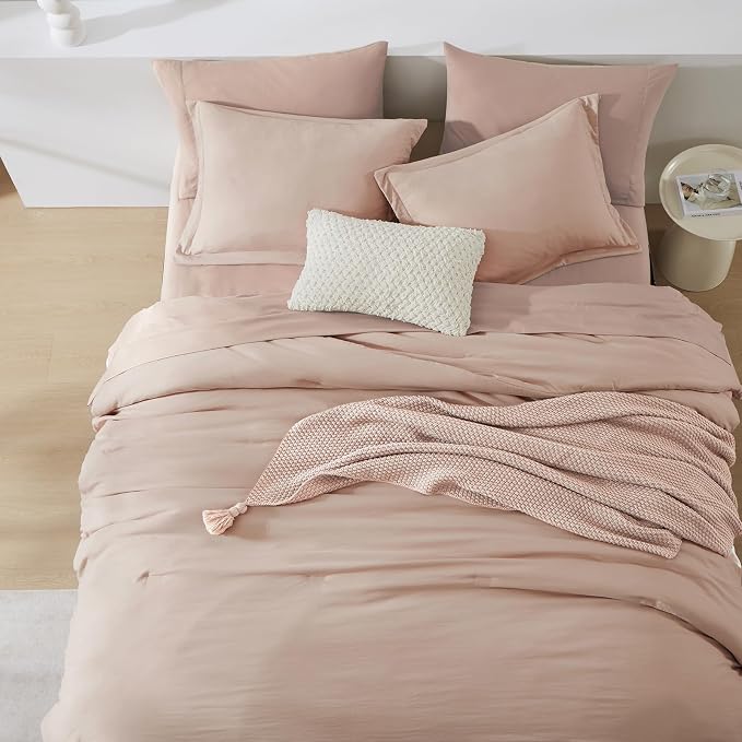 King Size Comforter Set- 7 Pieces Prewashed Bed in a Bag King Bedding Sets | Soft All Season Comforter with Sheets, Pillow Shams & Pillowcases,Clay Pink