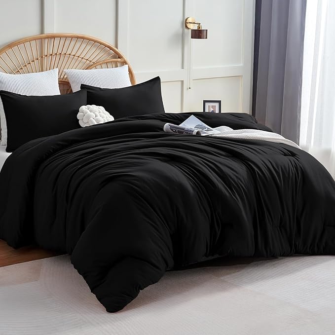 Oversized Queen Comforter Set, 3 Pieces Black Quilted Bedding | 270 GSM Down Alternative Fill, 4 Corner Ties for Duvet Insert Use, All Season, OEKO-TEX Certified, 2 Pillowcases, 98 x 98 in