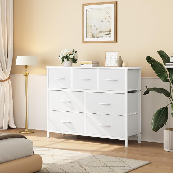 OLIXIS 7 Drawer Fabric Dresser, Storage Tower for Bedroom and Closet | White Easy-Pull Bins for Closet Organizers, Chest of Drawers with Sturdy Steel Frame & Wooden Top for Living Room, Entryway
