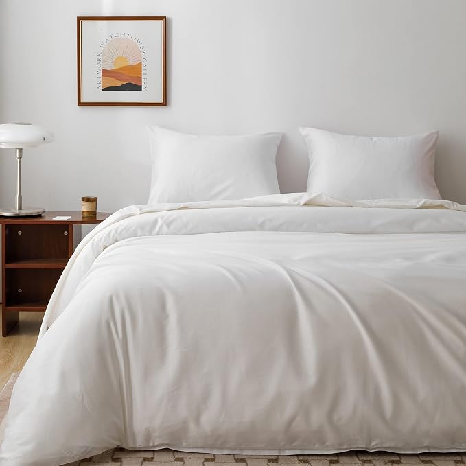 HeimenAogo Egyptian Cotton Duvet Cover Full Size Sateen Weave, Silky Soft and Breathable Bedding Set with Zipper Closure, Long Staple Cotton Bed Linen Pure White 3Pcs (80"×90")