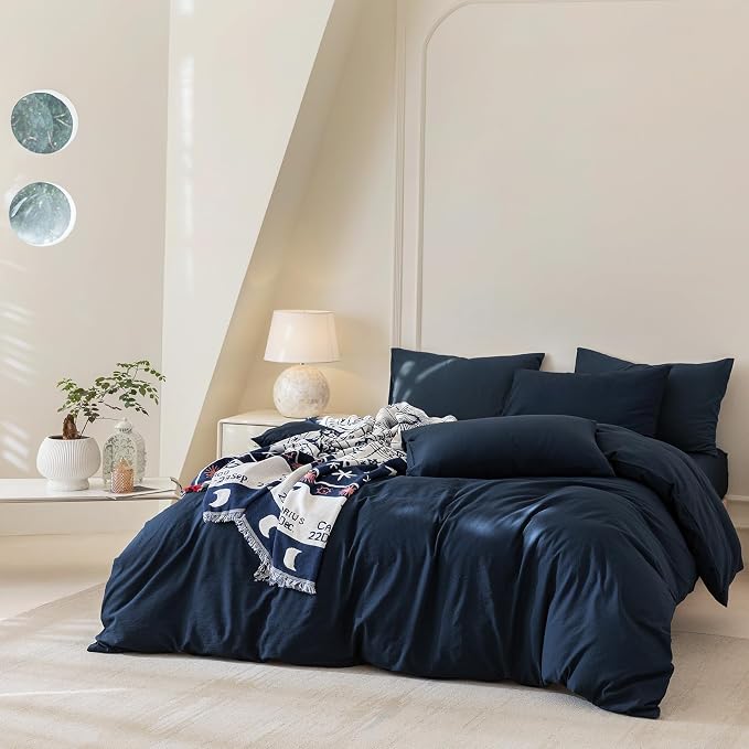 BDEAR 3Pcs Navy Blue Pinstriped Duvet Cover Set Queen Size 90''Wx90''L | Light Weight Design, 1 Duvet Cover with 2 Pillowcases, Zipper Closure, OEKO TEX Standard,8 Corner Ties, Skin Friendly