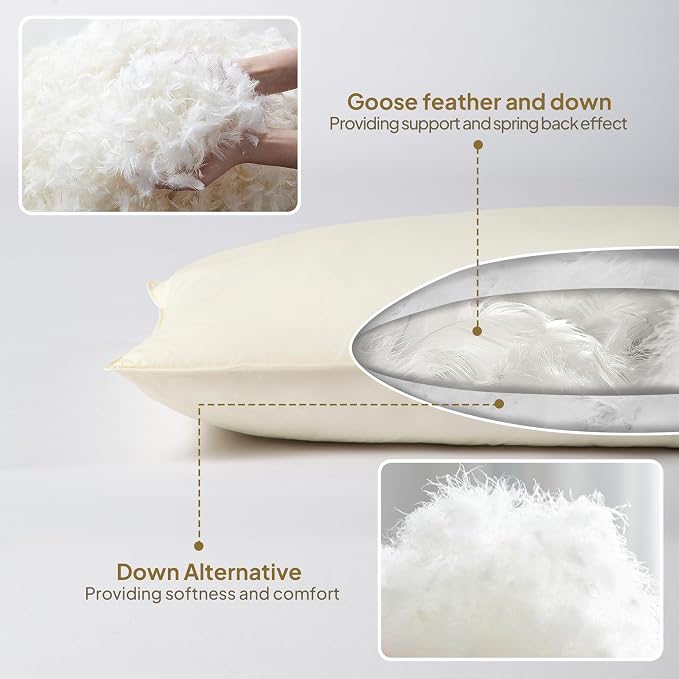 Goose Down Body Pillows for Adults, Large Body Pillow for Side Sleeper, Hugging Feather Body Pillow Insert, Cooling Full Length Long Pillow for Bed with 100% Organic Cotton Shell, Beige 20"x72"