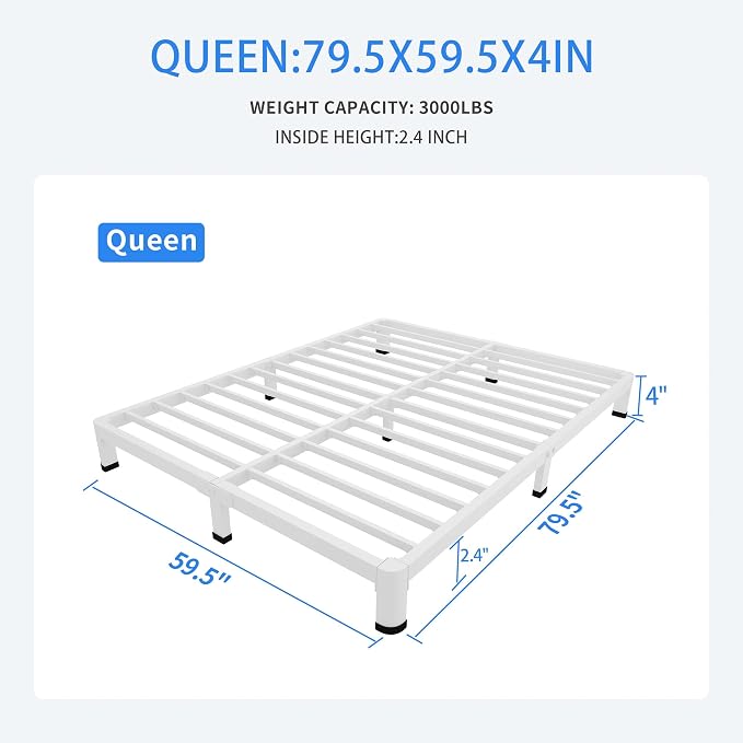 MAF 4 Inch Queen Metal Platform Bed Frame White with Round Corner Legs | Mattress Slide Stopper, 3000 LBS Heavy Duty Steel Slats Support, Noise Free, No Box Spring Needed, Easy Assembly, Anti-Slip