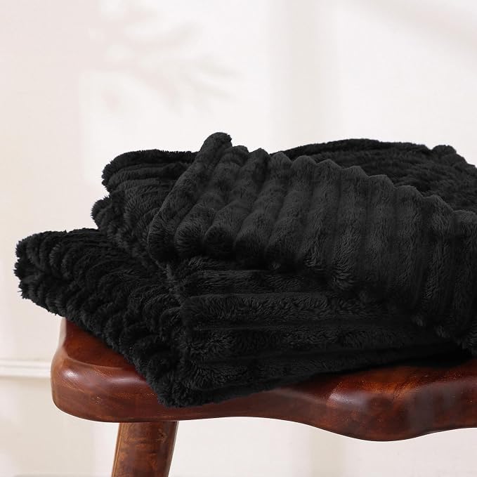 Black Fleece Throw Blanket 90”×90” for Couch Sofa Livingroom | Super Soft Cozy Plush Microfiber Flannel Bed Blanket Striped Design Lightweight Home Decor Gifts for Adults Mom Women