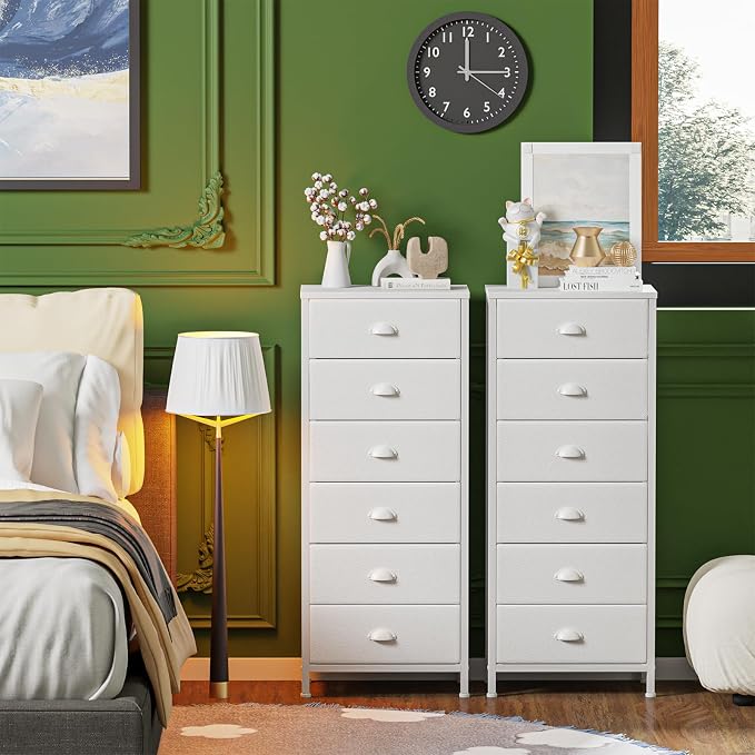 Furnulem White Dresser for Bedroom, 6 Fabric Drawers Chest of Drawers | Tall Skinny Dresser for Closet, Vertical Storage Tower Unit, Tall Nightstand for Dorm, Living Room, Metal Frame, Wooden Top