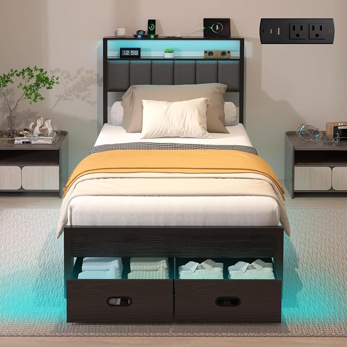 Twin Bed Frames with Storage Drawer, Platform Bed with Charging Station and LED Lights, Upholstered Headboard with 2-Tier Storage Shelves, No Box Spring Needed