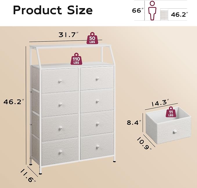 WLIVE Cream Boucle 8-Drawer Fabric Dresser Storage Tower Bedroom | Boucle fabric 8-drawer dresser with open shelves, stylish nursery dresser for baby girl room kids bedroom closet storage
