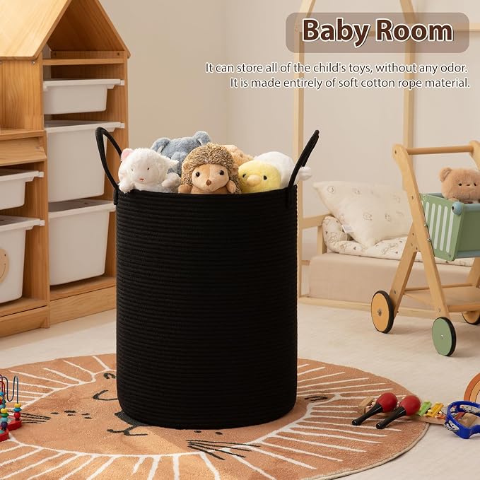OIAHOMY 80L Nursery Hamper Laundry Basket Laundry Hamper Black | collapsible Blanket Basket Cotton Rope Woven Basket Dirty Clothes Hamper Baby Hamper Tall Clothes Hamper with Handles