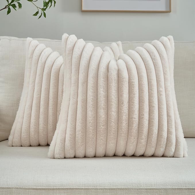 FUTEI Pack of 2 Faux Fur Throw Pillow Covers 26x26 Inch, Light Beige | Fluffy Faux Rabbit Fur Front/Premium Velvet Back,Hidden Zipper,Machine Washable,Non-Shedding,Colorfast,Insert Not Included.