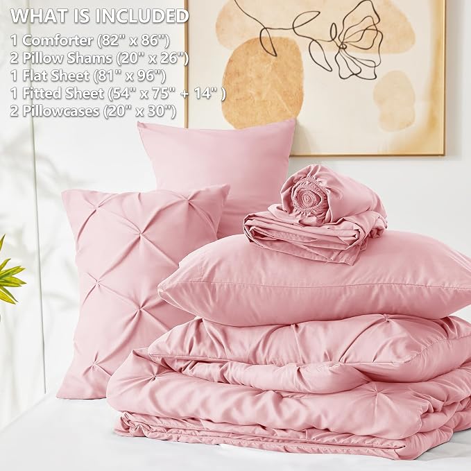 HIMEET Full Size Comforter Set Pink - 7 Pieces Pintuck Bed in a Bag | OEKO-TEX Certified, 240GSM Down Alternative Comforter, 14" Deep Pocket Fitted Sheet + Flat Sheet + 2 Pillowcases + 2 Shams