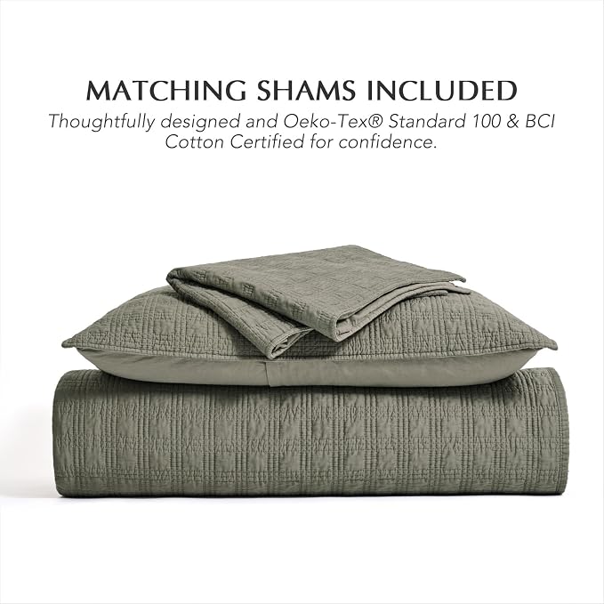 EVERGRACEHOME Cotton Sateen Windowpane Quilt Set Queen Size, Stone Sage | 100% Cotton, Pre-Washed Soft Coverlet Bedspread, 3-Piece Lightweight Bedding Set for All Season, with 2 Pillow Shams