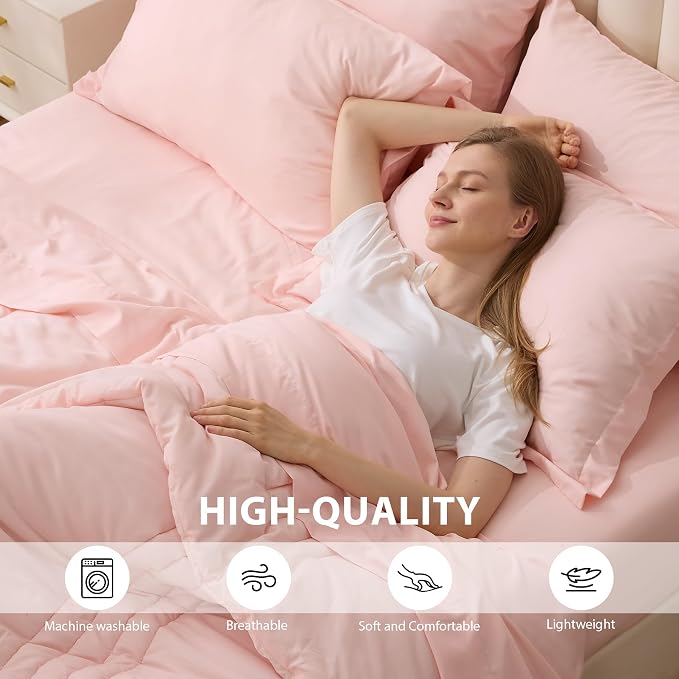 Pink Queen Comforter Set, Bed in a Bag Queen Size 7 Pieces, Soft Bedding Set for All Seasons, Premium Queen Comforter Set with Quilted Comforter, Sheets, Fitted Sheet, Pillowcases & Shams