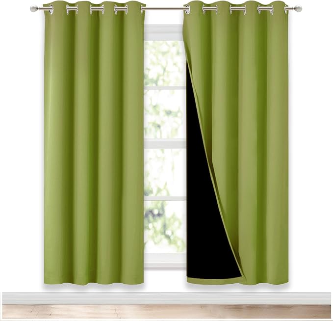 NICETOWN 100% Blackout Window Curtain Panels, Fresh Green, 2 Pieces, 52-inch Wide Per Panel, Full Light Blocking Drapes with Black Liner for Nursery, 72-inch Drop Thermal Insulated Draperies