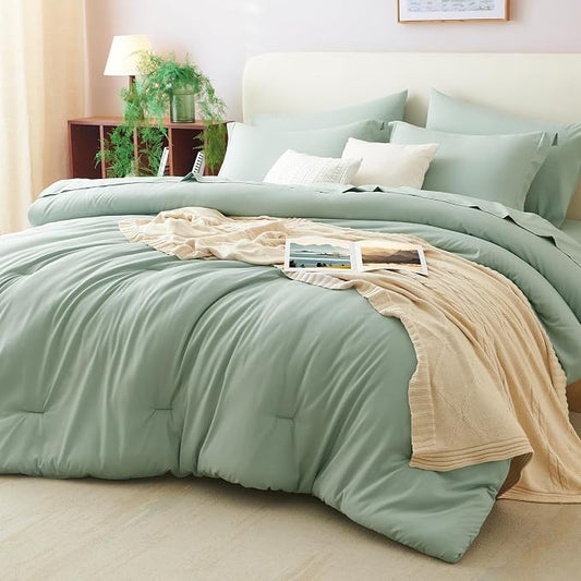 Full Size Comforter Set Sage Green, 7 Pieces Bed in a Bag | OEKO-TEX Certified, All-Season, Bedroom, 240GSM Down Alternative Comforter, Flat & Fitted Sheets, 2 Pillowcases & 2 Shams