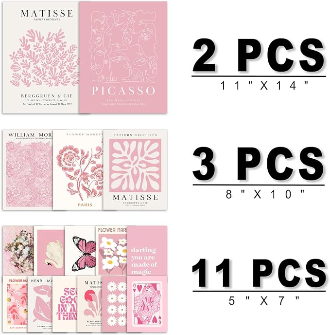 16 PCS Pink Wall Art Decor, Matisse Gallery Wall Prints for Bedroom, Light Pink Posters for Room Aesthetic, Collage Kit Pictures for Living Room, Teen Girls Dorm Home Artwork