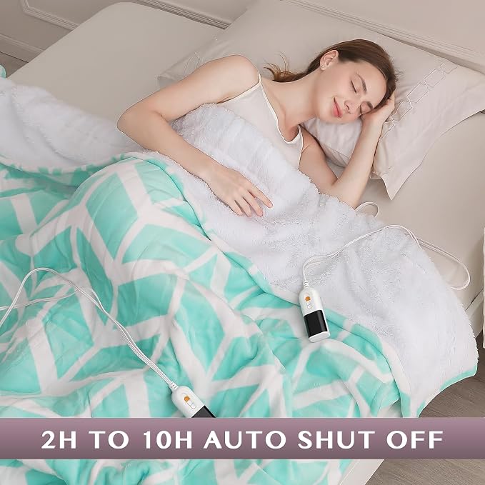 VENTIMI Heated Blanket Queen, 9 Heat Levels & 2-10 Hours Auto Off, Green | ETL & FCC, Dual Controller, 84" × 90", Flannel and Sherpa, Bed Couch Use, Machine Washable, Removable Controller