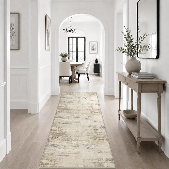 2x6 Washable Runner Rug：Modern Abstract Soft Carpet Beige Brown | For Hallway, Bedroom, Kitchen, Laundry, Bathroom,Door Mat,Modern Abstract,Machine washable,Non-Slip,Stain Resistant,Indoor
