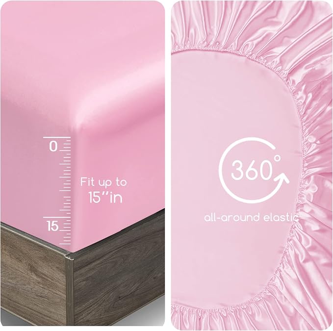 MR&HM Satin Sheets Twin Size with Elastic Corner Straps, Pink | Similar to Silk, 3-Piece Silky Soft Bed Sheet Set, Gentle on Skin and Hair, 15" Deep Pocket, Cooling & Breathable