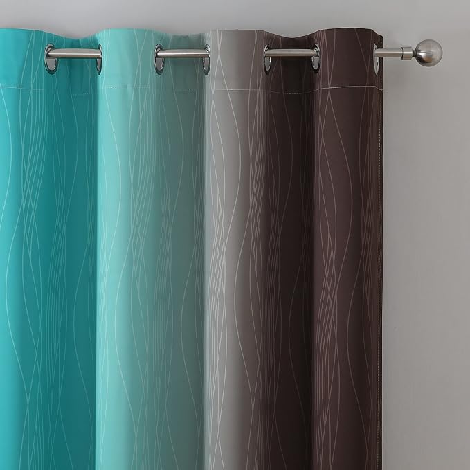Brown and Teal Ombre Blackout Curtains for Bedroom 63 Inch | Light Blocking Gradient Kids Curtains for Living Room,Thermal Insulated,Room Darkening Grommet Window Drapes,52Wx63L,2 Panels