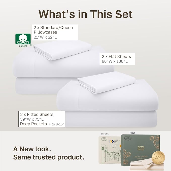 California Design Den 2 Pack 600 Thread Count Twin Bed Sheets Cotton Set | 100% Cotton Sateen Backed by Good Housekeeping Seal, Soft & Smooth, All-Around Elastic, Durable, Easy Care - White