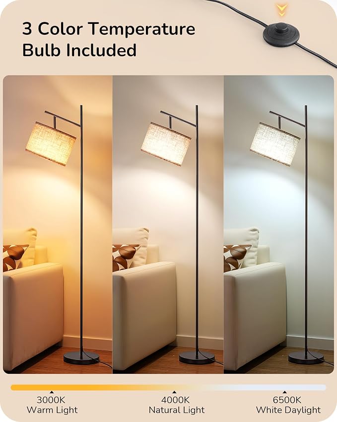 EDISHINE Modern Black Floor Lamps for Living Room, 64.7" Arc Standing Lamp | 3 Color Temperatures, Bulb Included, Adjustable Linen Shade, Foot Switch, Minimalist for Bedroom, Office, Nursey
