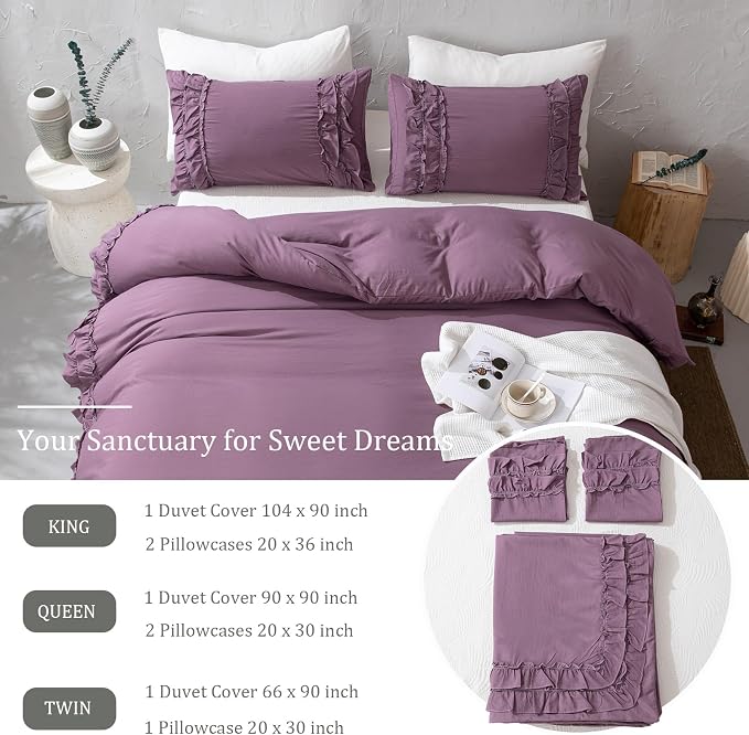 Bedorm King Duvet Cover Set Purple Bedding Set Pleat Ruffled Shabby Chic Comforter Cover Extra Soft & Easy Care Farmhouse Boho Duvet Cover with Zipper Closure
