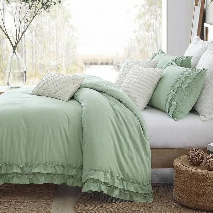 Bedorm Sage Green Ruffled Duvet Cover King Size Bedding Set Pleated Lace Ruffle Shabby Chic Bedroom Decor Extra Soft Cozy Farmhouse Country Style Duvet Cover Sets