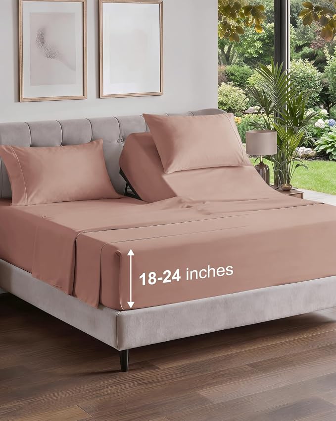 Flex Top Split Head King Sheet Set - 4 Piece Extra Deep Sheets - Mauve | Easily Fits 18 to 24 inch Mattress, Ultra Soft, Wrinkle & Fade Free with Extra Deep Pockets, Comfy Hotel Luxury Bedding