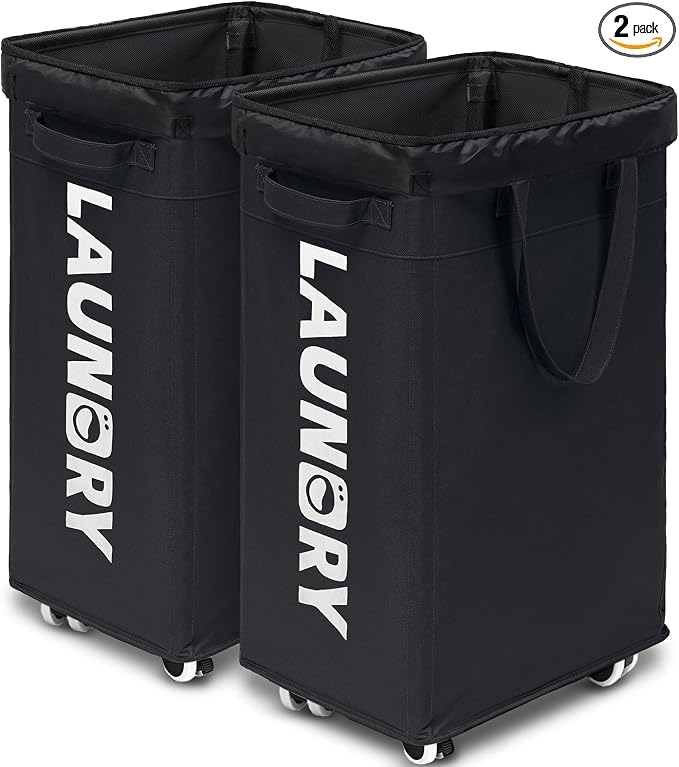 Goodpick 2-Pack Rolling Dirty Clothes Hamper with Wash Bag for Laundry, 75L | Large Black Laundry Basket with Wheels and Handles for Dorm Laundry Room, Rolling Laundry Basket