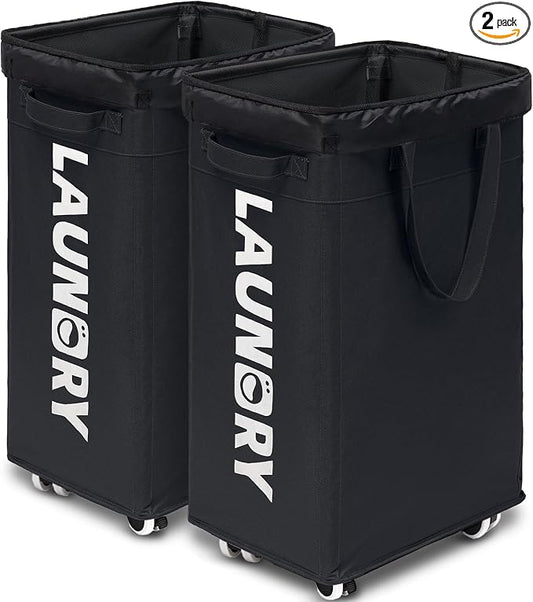 Goodpick 2-Pack Rolling Dirty Clothes Hamper with Wash Bag for Laundry, 75L | Large Black Laundry Basket with Wheels and Handles for Dorm Laundry Room, Rolling Laundry Basket