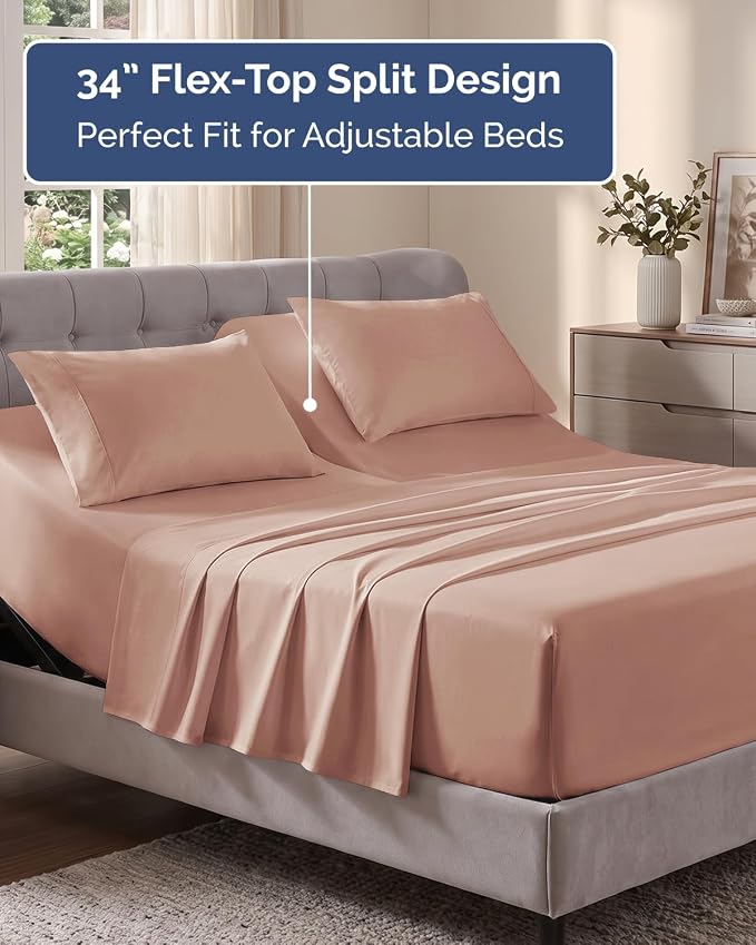 Flex Top Split Head King Sheet Set - 4 Piece Extra Deep Sheets - Mauve | Easily Fits 18 to 24 inch Mattress, Ultra Soft, Wrinkle & Fade Free with Extra Deep Pockets, Comfy Hotel Luxury Bedding