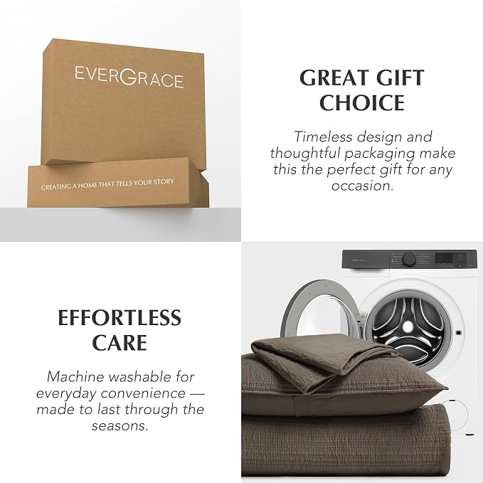 EVERGRACEHOME Cotton Sateen Channel Quilt Set, King Size, Espresso Brown | 100% Cotton, Pre-Washed Soft Coverlet Bedspread, 3-Piece Refined Channel Stitch Bedding Set for All Season, 2 Pillow Shams