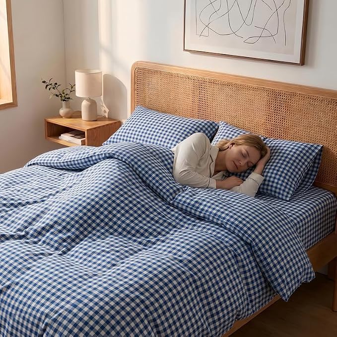NEXHOME PRO Blue Gingham Duvet Cover Queen, 100% Washed Cotton Like Linen Feel Organic Natural Bedding Set 3 Piece Navy Vintage Plaid Checkered Comforter Cover Set (No Comforter) 9090