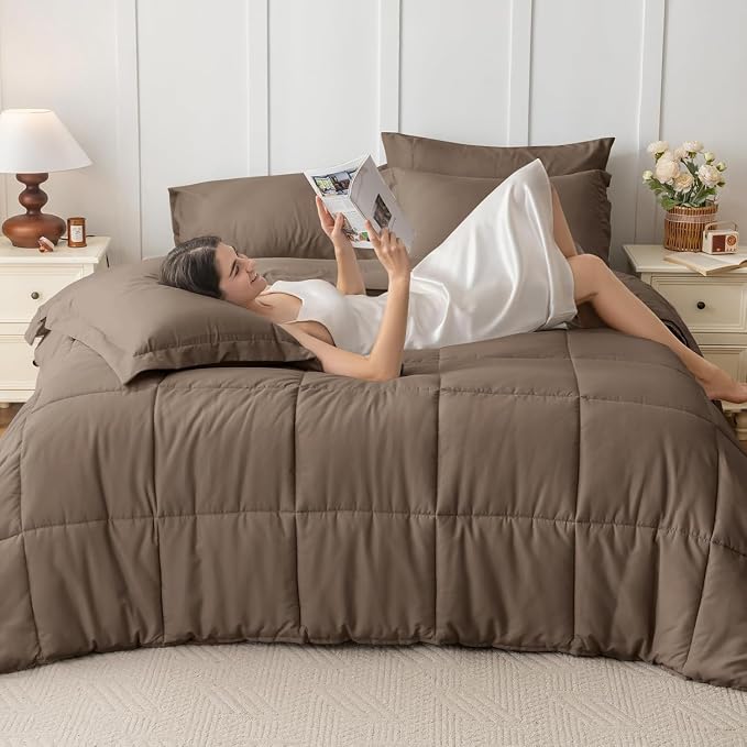 JOLLYVOGUE Oversized Queen Comforter Set, Ultra-Soft Bed in a Bag Oversized Queen Size 7 Pieces, Oeko-TEX Certified Bedding Set with Down Alternative Comforter, Sheets, Pillowcases & Shams, Brown