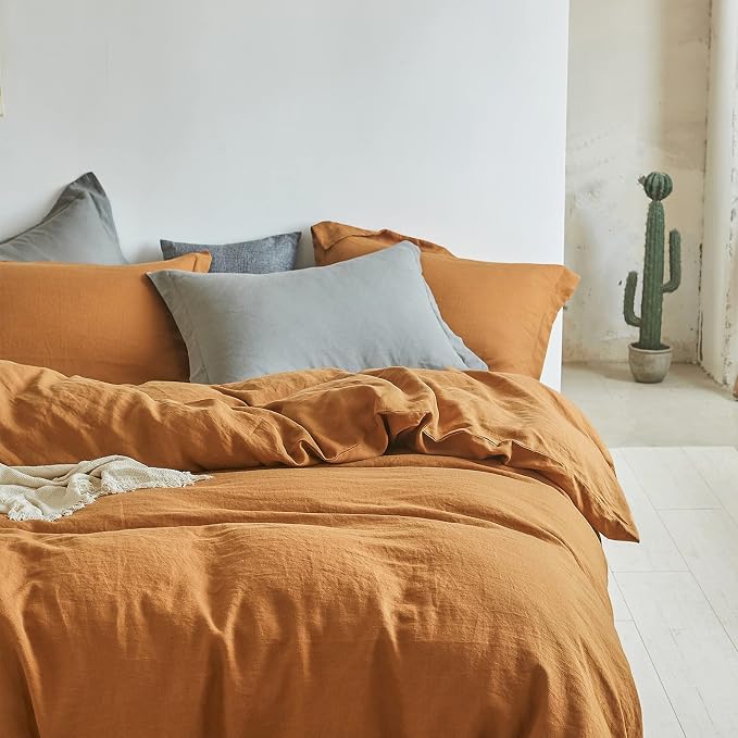 Simple&Opulence 100% Linen Duvet Cover Set 3pcs Basic Style Natural French Washed Flax Solid Color Soft Breathable Farmhouse Bedding with Button Closure - Rust, Queen