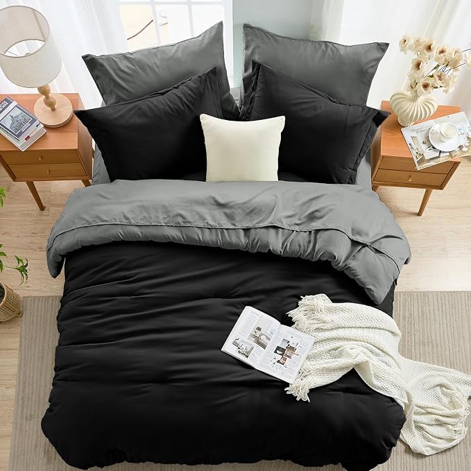 7 Pieces King Comforter Set, Soft Bed in a Bag King Size, All Season Bedding Set with Comforter, Flat Sheet, Fitted Sheet, Pillowcases & Shams, Black & Grey