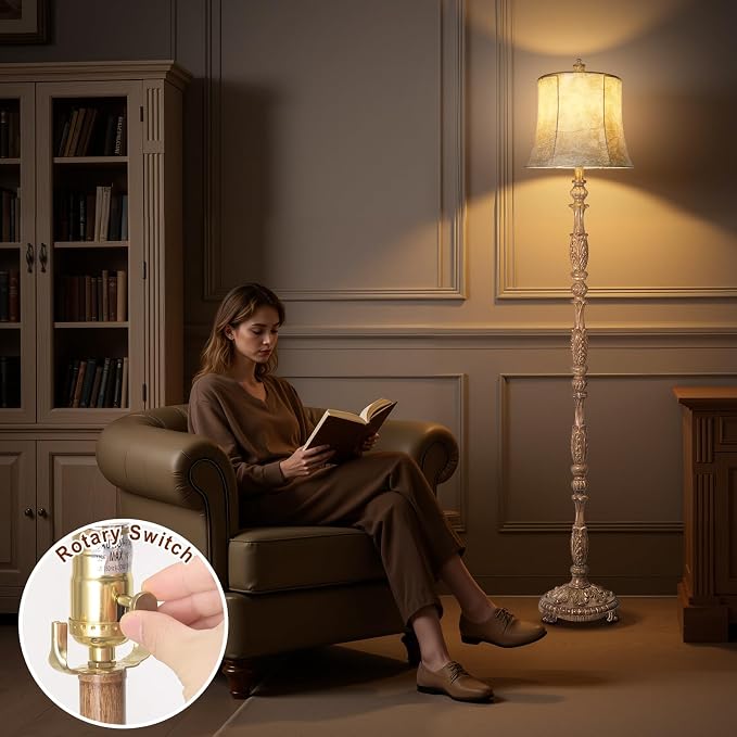 Scenekoy Vintage 66” Tall Floor Lamp for Living Room Bedroom | Resin Carved Standing Lamp with Faux Leather Shade, Adjustable Bulb, Rotary Switch Rustic Lamp for Home Decor (Light Brown)