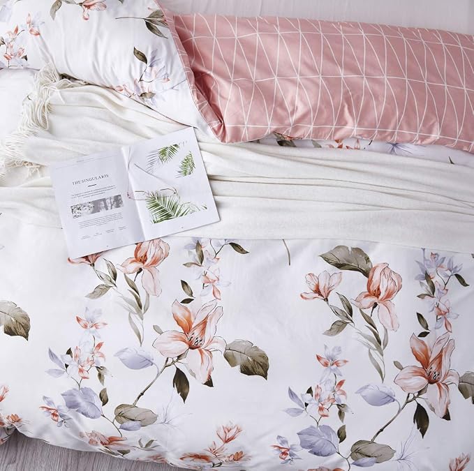 OAITE King Duvet Cover Set 3pcs 100% Cotton with Pink Flower | Soft, Breathable,Long-lasting,Comfort,Hidden Zipper,8 Corner Ties,Easy Care for All Season