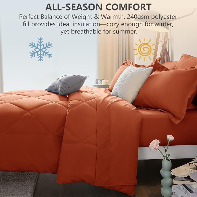 King Size Comforter Set Burnt Orange - 7 Pieces Bed in a Bag | OEKO-TEX Certified, All Season, 240GSM Down-Alternative Comforter, Sheets, Pillowcases & Shams, 14" Deep Pocket, Easy Care
