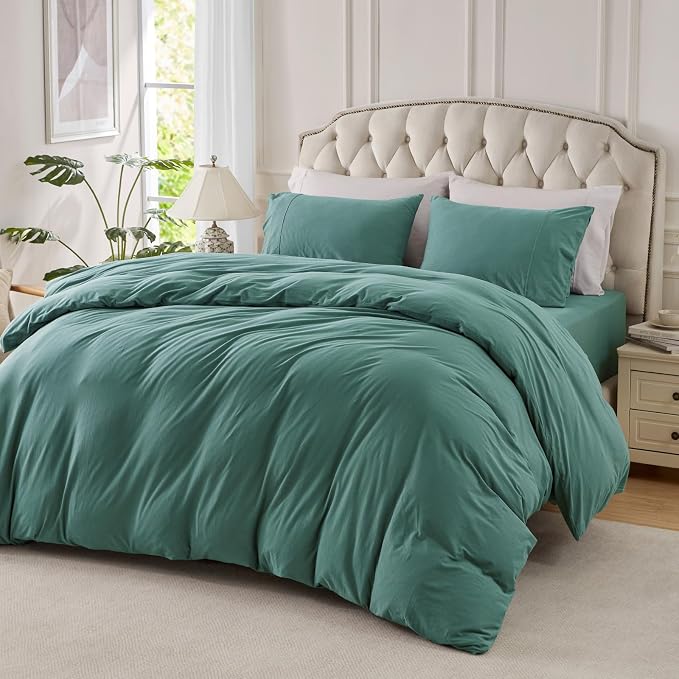 PURE ERA Jersey Knit Sheet Set Solid Teal Green Twin | 100% Cotton, 3 Piece Set, T Shirt Soft, Breathable, Envelope Closure Pillowcases, Hidden Zipper, 8 Ties, No Insert, Modern