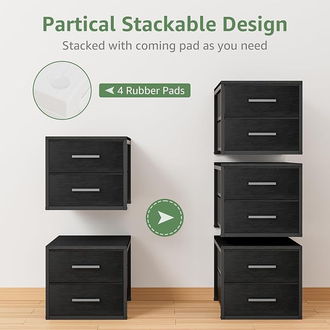 BOLUO Stackable Storage Drawers Narrow Closet Organizers and Storage Fabric Black 2 Drawer Dresser for Bedroom 2 Packs Modern