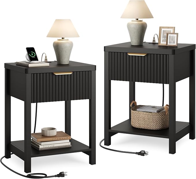 Night Stand Set 2, Fluted Wood Nightstands w/Charging Station for Bedroom | Black, Storage Drawer, Open Shelf, Metal Silent Rails, Round Corners, Modern Fluted Panel, Living Room, Bedside Table