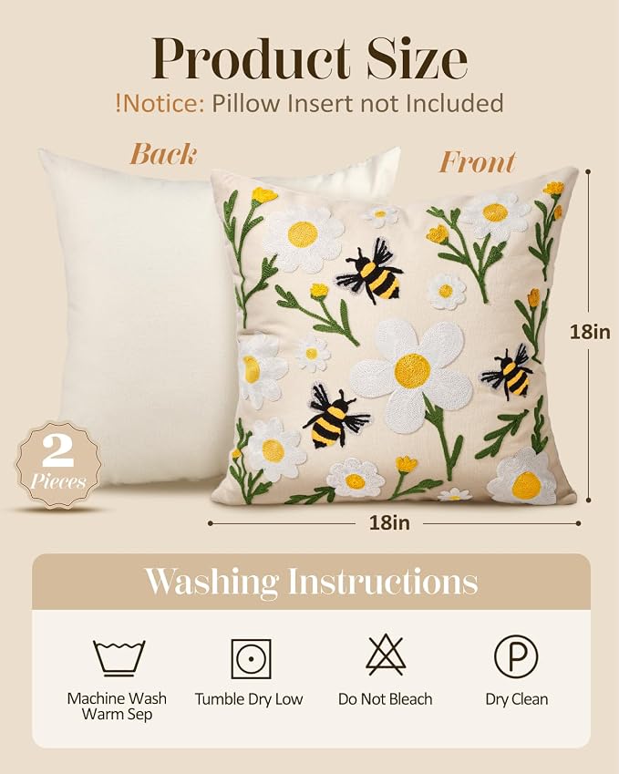 Embroidered Throw Pillow Covers 18x18 Inch, 2Pack, Flower Bee | Decorative Pillow Covers Set of 2, Farmhouse Cushion Cases with Hidden Zipper, Floral Decor for Couch, Sofa, Living Room