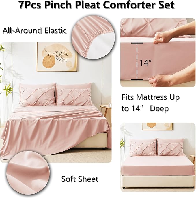 Oversized King Comforter Set Peach Pink, 7 Pieces Bed in a Bag | OEKO-TEX 100 Certified, 240GSM All Season, Bedroom, Guest Room, Down-Alternative Comforter, Sheets, Pillowcases & Shams