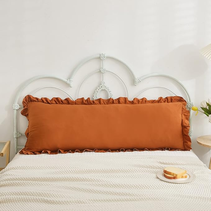 Burnt Orange Body Pillow Cover 20x54inches Long Pillowcase Shabby Chic Ruffled Fringe Decor Body Pillow Sham Cute Pillowcase (1 Body, Caramel)