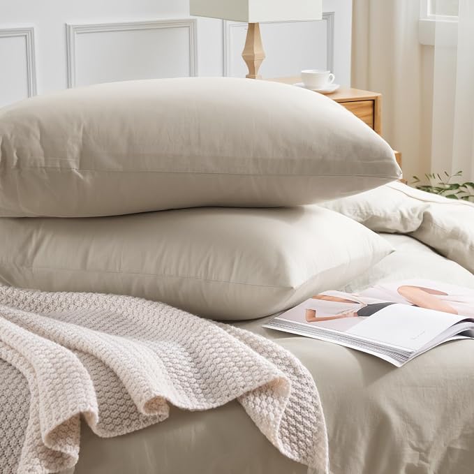 NEXHOME PRO 100% Washed Cotton Duvet Cover Queen Size, Ogranic Natural Linen Feel Breathable Bedding Set with Zipper Closure, 3 Pieces Duvet Cover Set Linen (No Comfortert) 9090