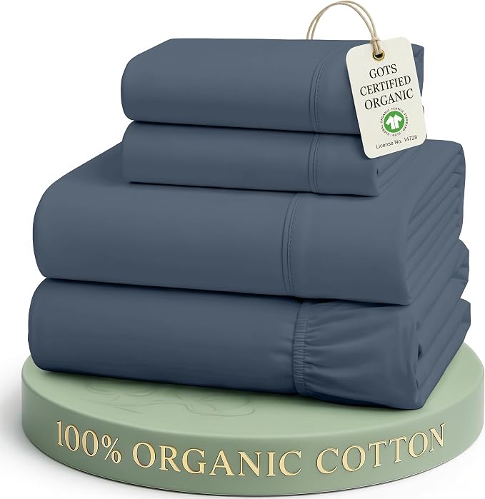 LANE LINEN Queen Bed Sheet Set 100% Organic Cotton 4pc Soft - Estate Blue | Queen Sheets In GOTS Certified Organic Cotton Percale - Crisp Cool Percale Weave, Great For Gifting, Crisp, Cool & Breathable